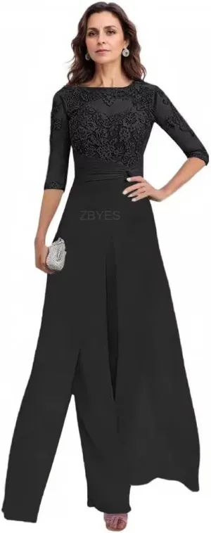 2 Pieces Pant Suits for Women Dressy 3/4 Sleeve Lace Applique Chiffon Mother of The Bride Pantsuits for Wedding Guest