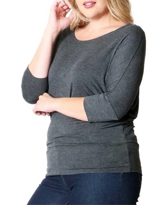 3/4 Sleeve Dolman Casual Loose Fit Drape Top T-Shirt (S-3X)