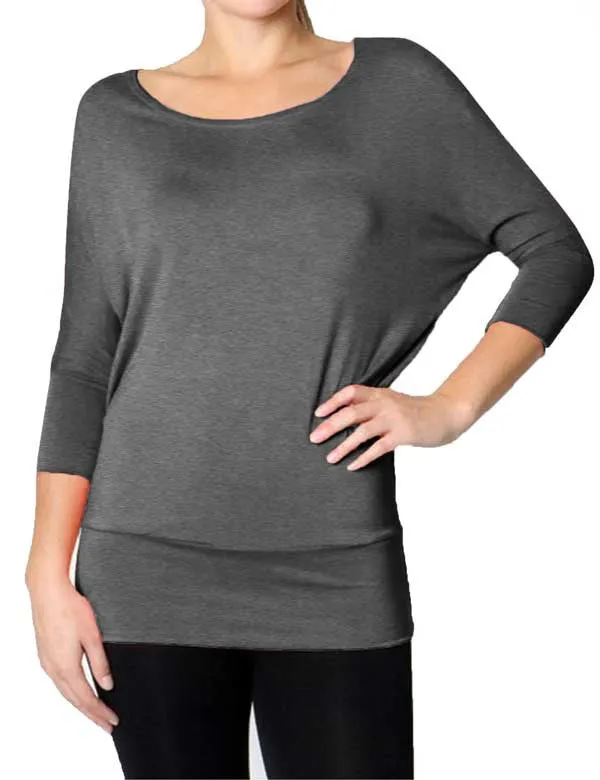 3/4 Sleeve Dolman Casual Loose Fit Drape Top T-Shirt (S-3X)