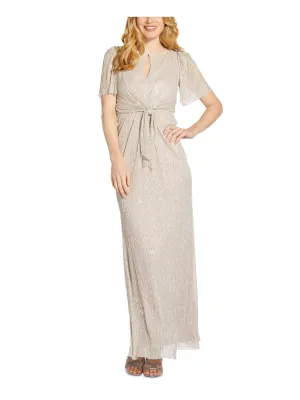 ADRIANNA PAPELL Womens Beige Glitter Zippered Center Front Tie Pleated Lined Flutter Sleeve Keyhole Full-Length Formal Gown Dress