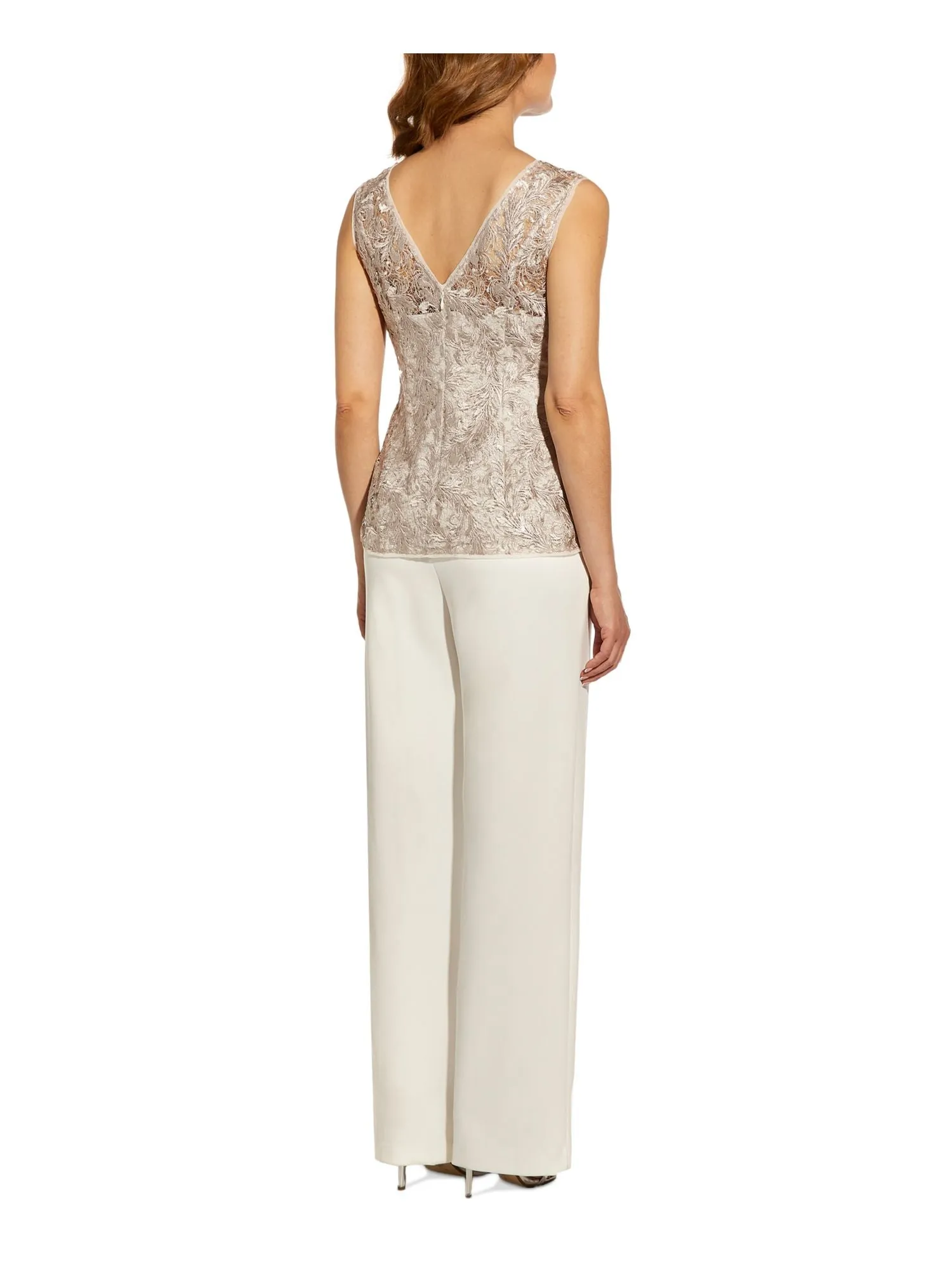 ADRIANNA PAPELL Womens Beige Sequined V-back Floral Sleeveless Crew Neck Wear To Work Top