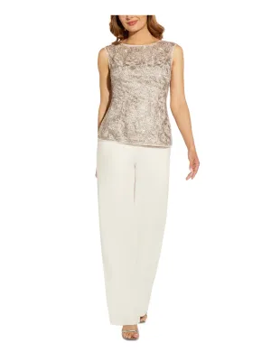 ADRIANNA PAPELL Womens Beige Sequined V-back Floral Sleeveless Crew Neck Wear To Work Top