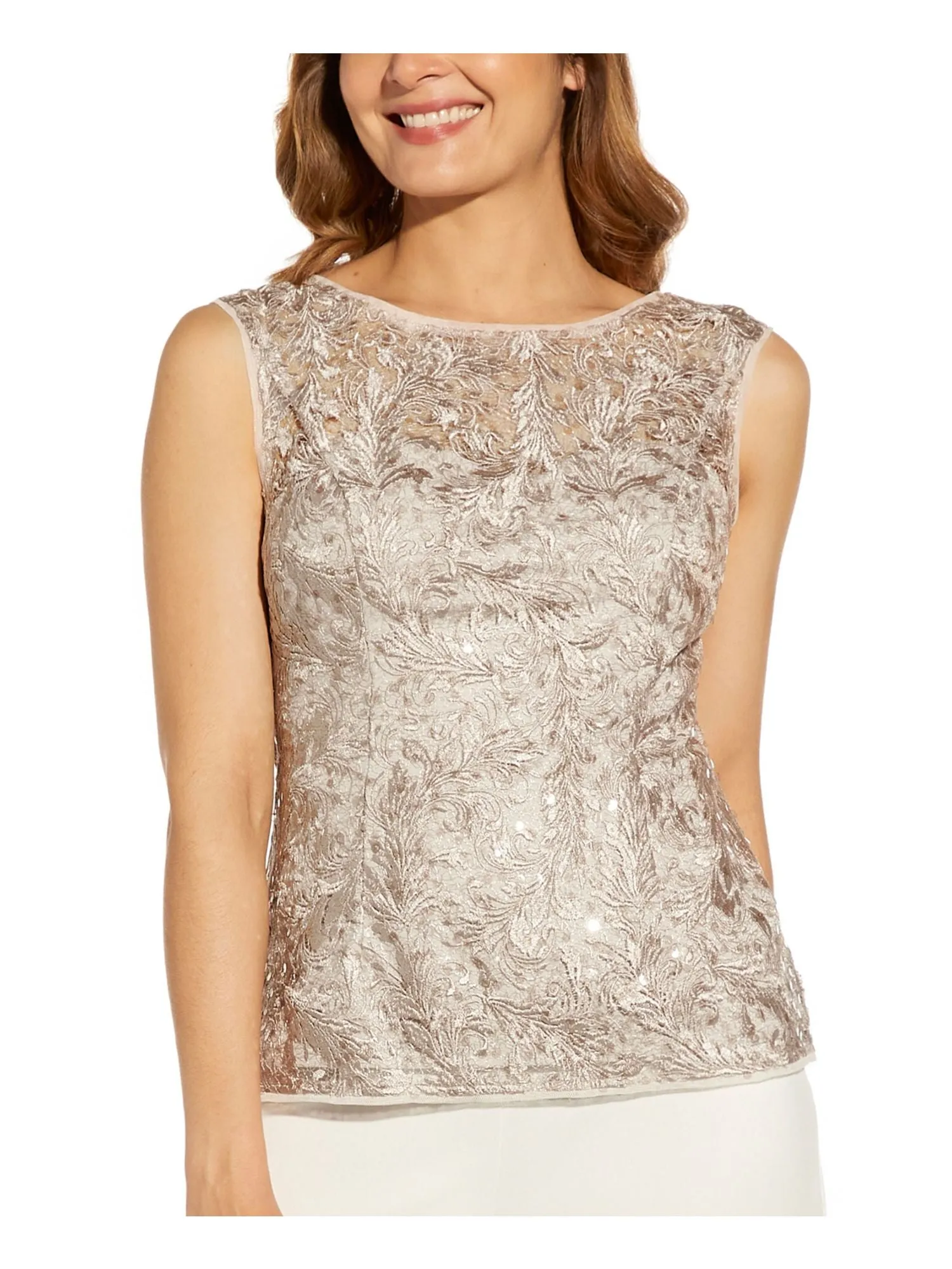 ADRIANNA PAPELL Womens Beige Sequined V-back Floral Sleeveless Crew Neck Wear To Work Top