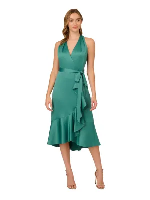 ADRIANNA PAPELL Womens Green Zippered Cascading Ruffle Trim Tie Belt Sleeveless Halter Midi Party Faux Wrap Dress