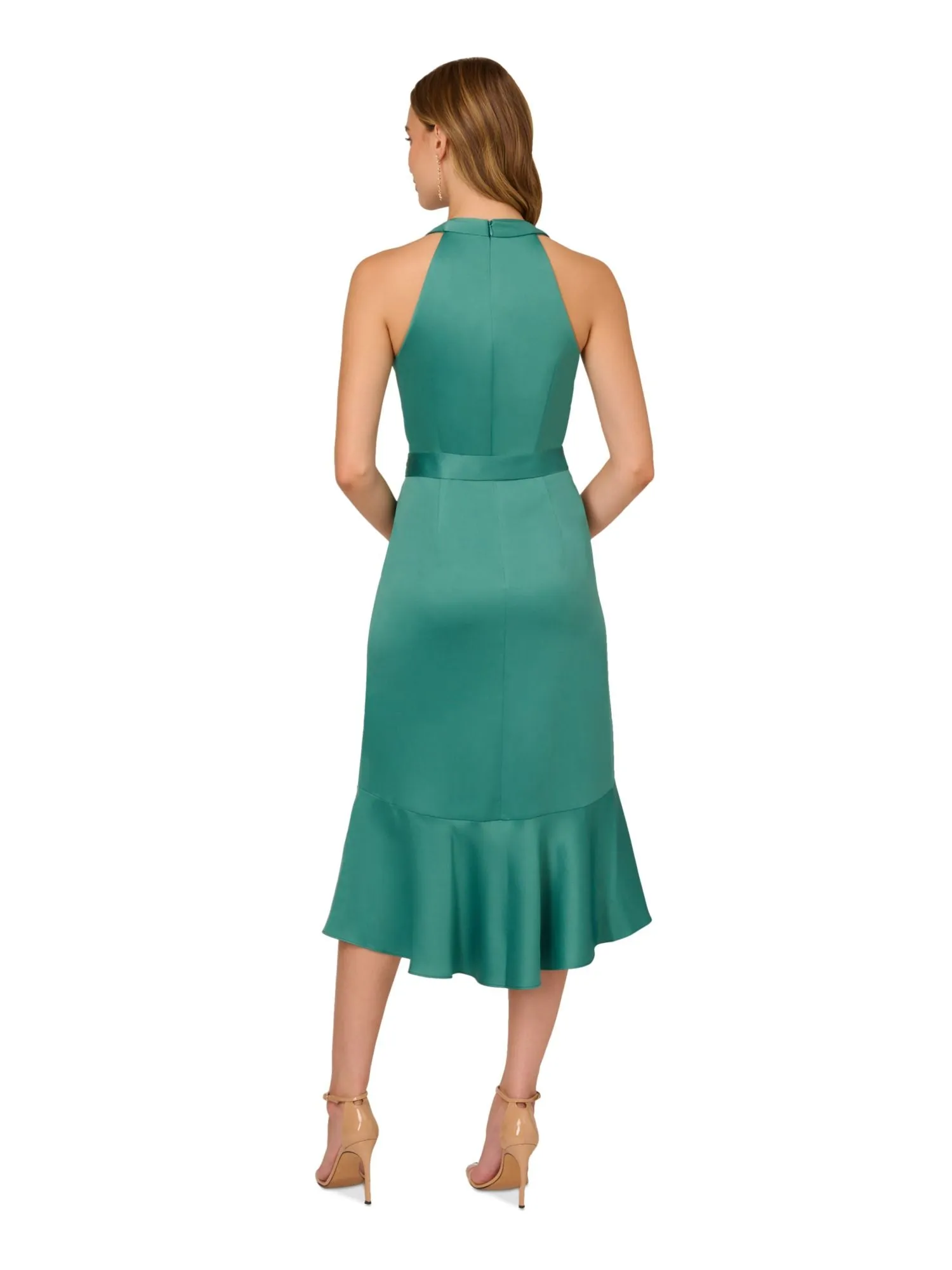 ADRIANNA PAPELL Womens Green Zippered Cascading Ruffle Trim Tie Belt Sleeveless Halter Midi Party Faux Wrap Dress