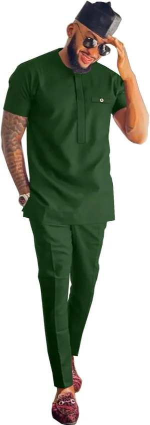African Attire for Men Solid Color Short Sleeve Shirt Pants 2 Piece Set Outfit Dashiki Suit Clothing
