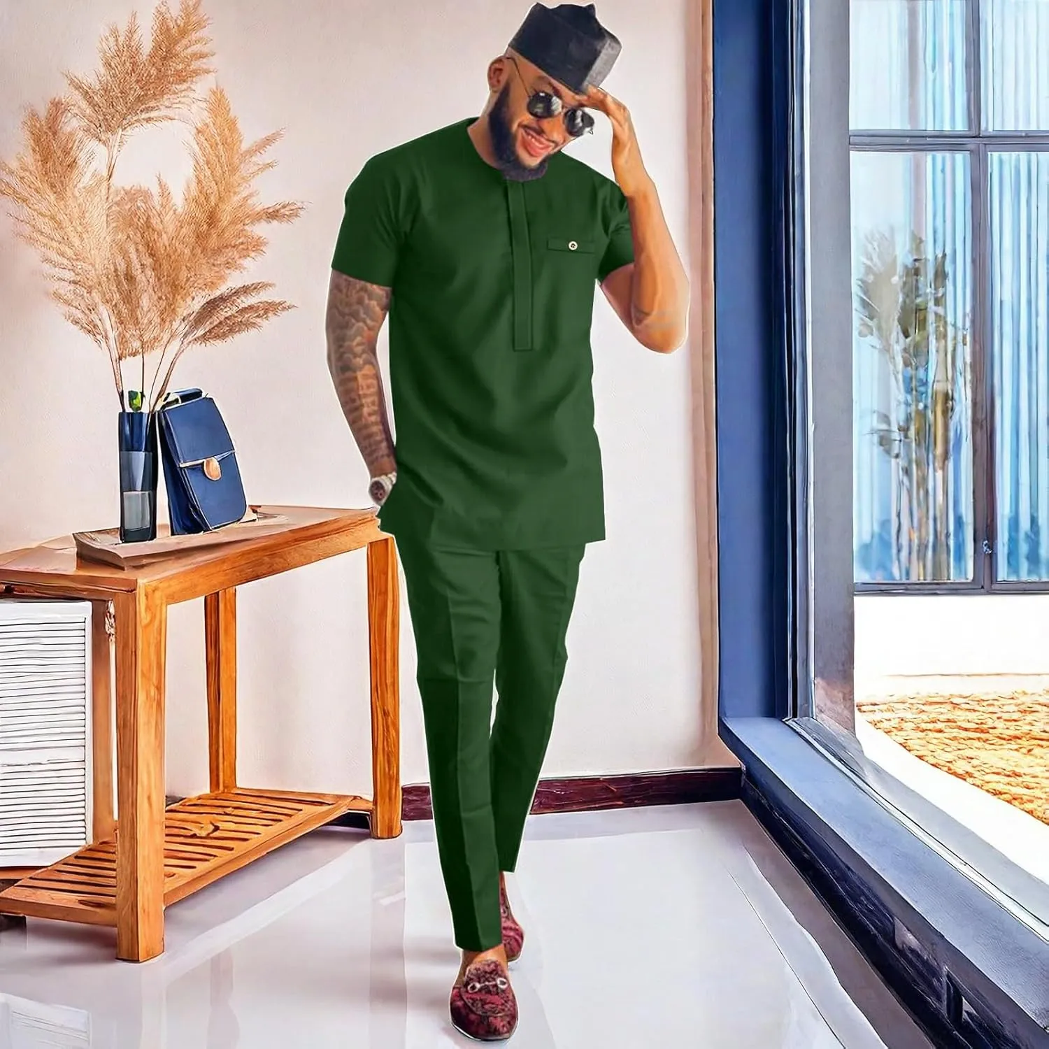 African Attire for Men Solid Color Short Sleeve Shirt Pants 2 Piece Set Outfit Dashiki Suit Clothing