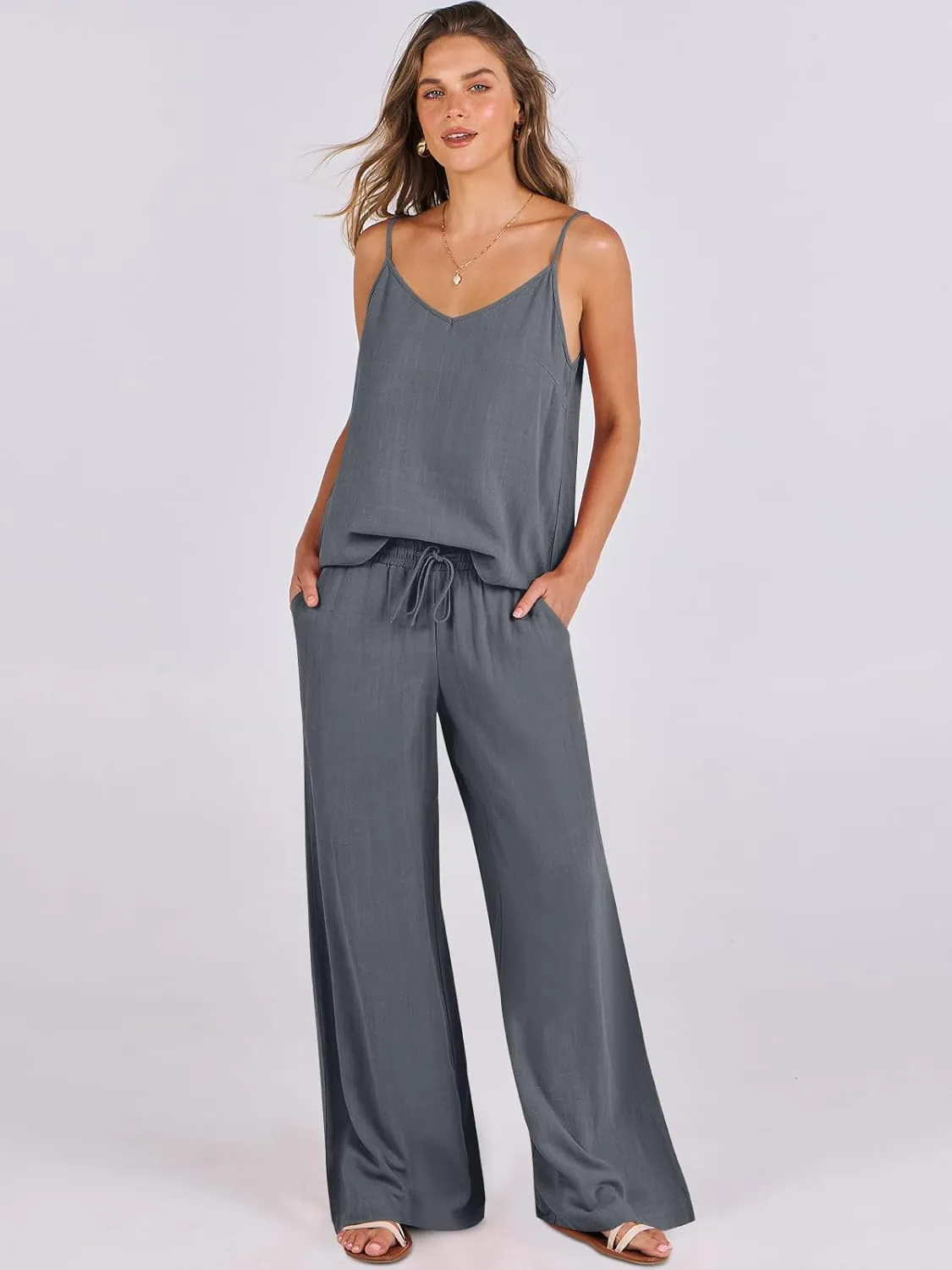 ANRABESS Women's 2 Piece Linen Lounge Set Casual Matching Pants Jumpsuit Summer Beach Travel Vacation Trendy Outfits