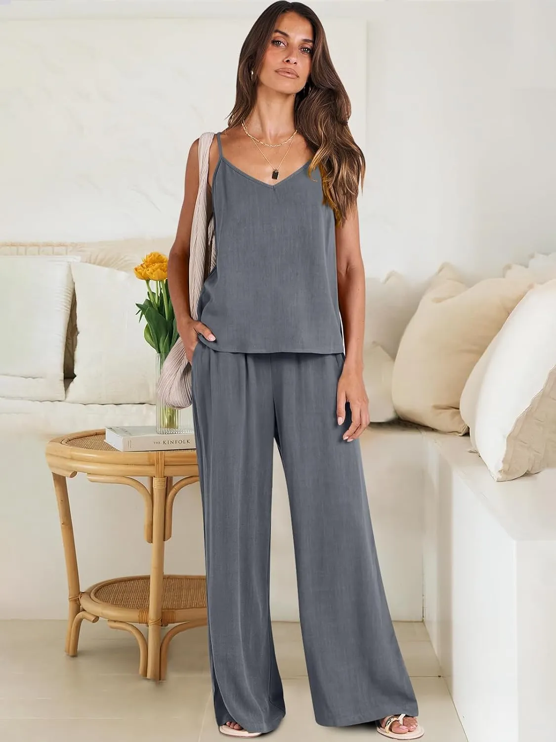 ANRABESS Women's 2 Piece Linen Lounge Set Casual Matching Pants Jumpsuit Summer Beach Travel Vacation Trendy Outfits