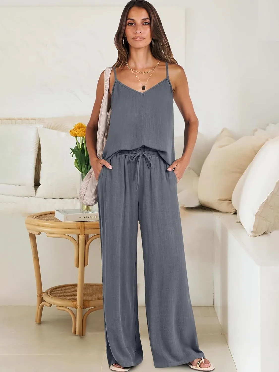 ANRABESS Women's 2 Piece Linen Lounge Set Casual Matching Pants Jumpsuit Summer Beach Travel Vacation Trendy Outfits