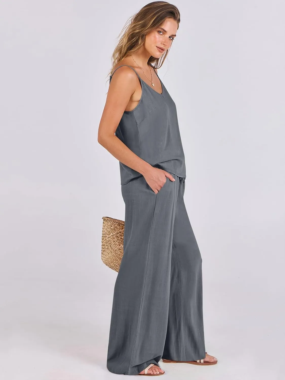ANRABESS Women's 2 Piece Linen Lounge Set Casual Matching Pants Jumpsuit Summer Beach Travel Vacation Trendy Outfits