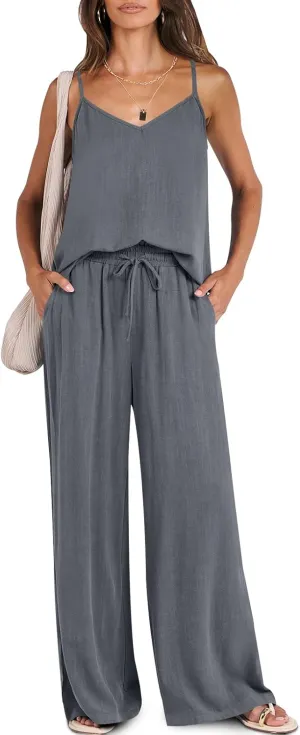 ANRABESS Women's 2 Piece Linen Lounge Set Casual Matching Pants Jumpsuit Summer Beach Travel Vacation Trendy Outfits