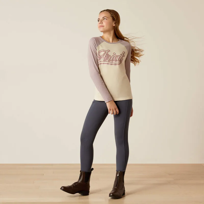 Ariat Youth Pony Script Baseball Long Sleeved T Shirt Purple Dove