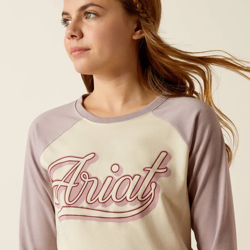 Ariat Youth Pony Script Baseball Long Sleeved T Shirt Purple Dove