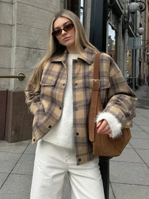 Back To School Joskaa Vintage Single Breasted Plaid Wool Pilot Jacket Chic Lapel Flip Pockets Women's Oversized Coats Autumn Ladies Street Outerwears
