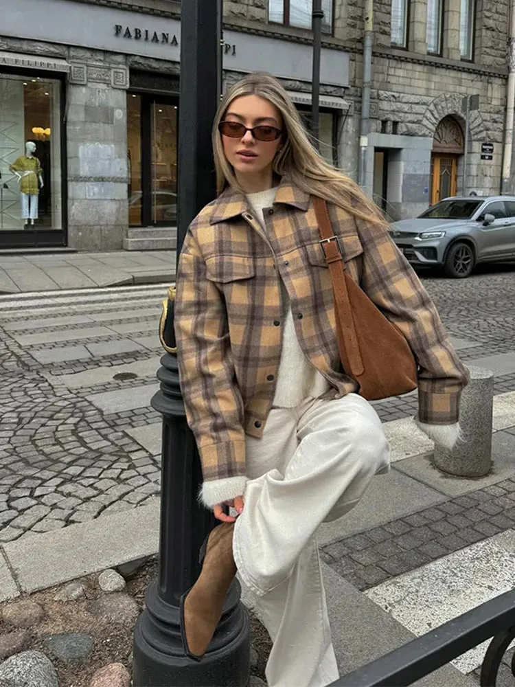Back To School Joskaa Vintage Single Breasted Plaid Wool Pilot Jacket Chic Lapel Flip Pockets Women's Oversized Coats Autumn Ladies Street Outerwears