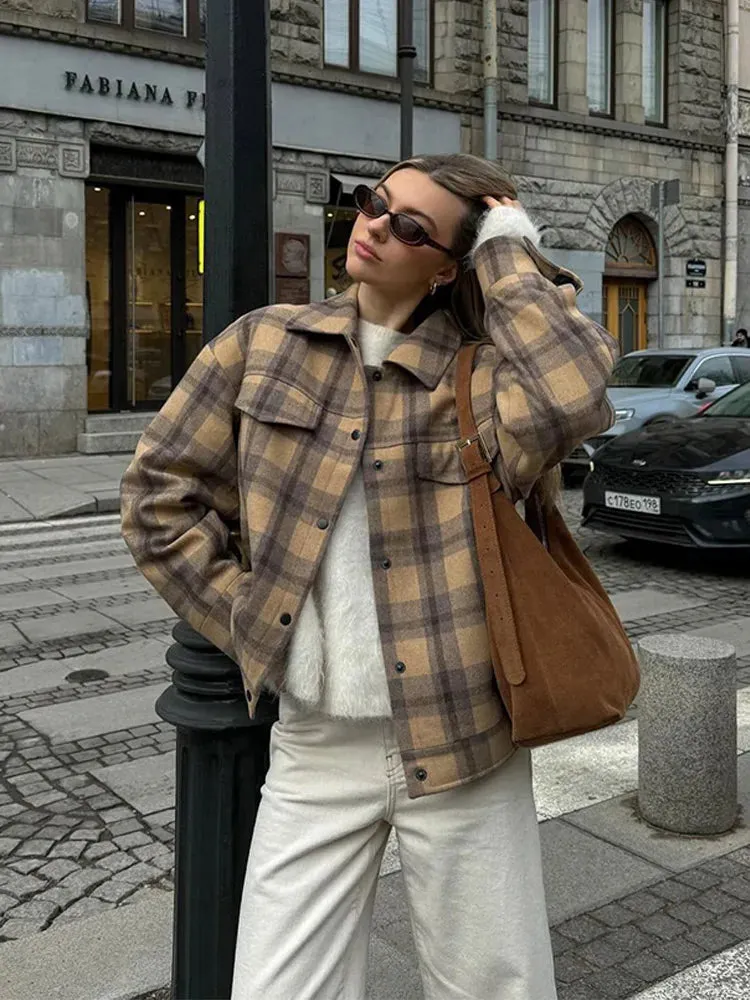 Back To School Joskaa Vintage Single Breasted Plaid Wool Pilot Jacket Chic Lapel Flip Pockets Women's Oversized Coats Autumn Ladies Street Outerwears