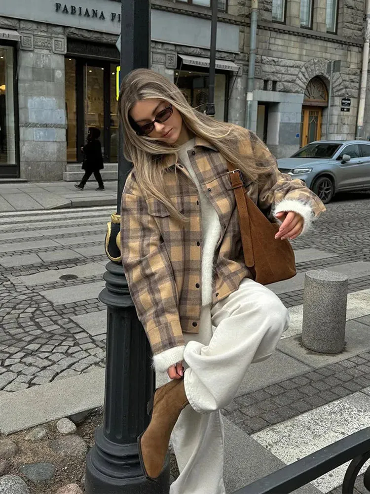 Back To School Joskaa Vintage Single Breasted Plaid Wool Pilot Jacket Chic Lapel Flip Pockets Women's Oversized Coats Autumn Ladies Street Outerwears