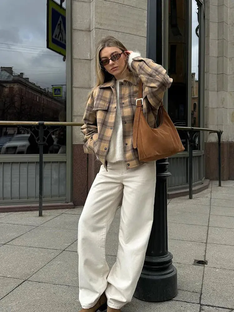 Back To School Joskaa Vintage Single Breasted Plaid Wool Pilot Jacket Chic Lapel Flip Pockets Women's Oversized Coats Autumn Ladies Street Outerwears