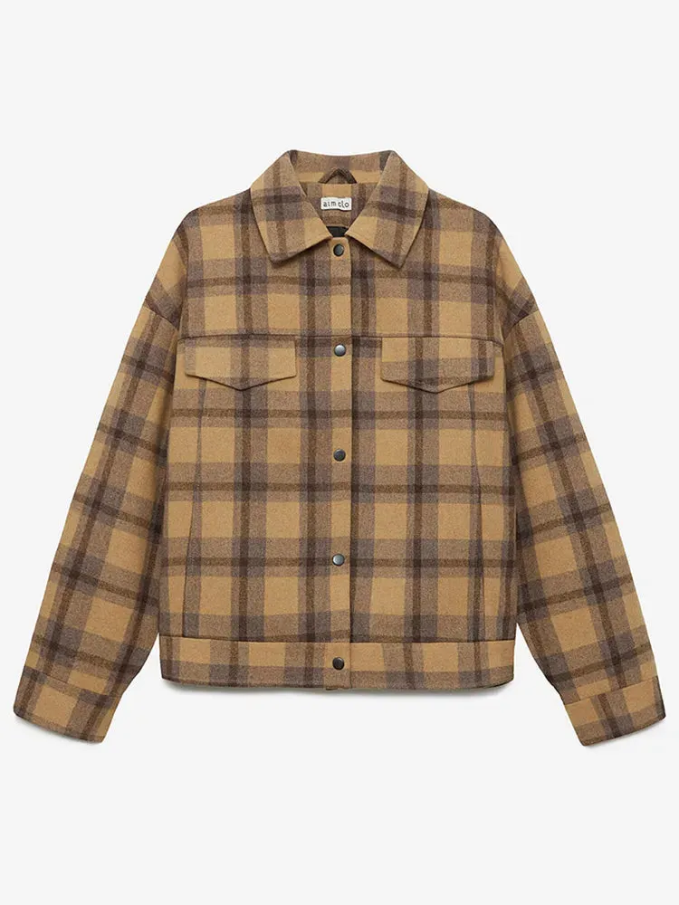 Back To School Joskaa Vintage Single Breasted Plaid Wool Pilot Jacket Chic Lapel Flip Pockets Women's Oversized Coats Autumn Ladies Street Outerwears