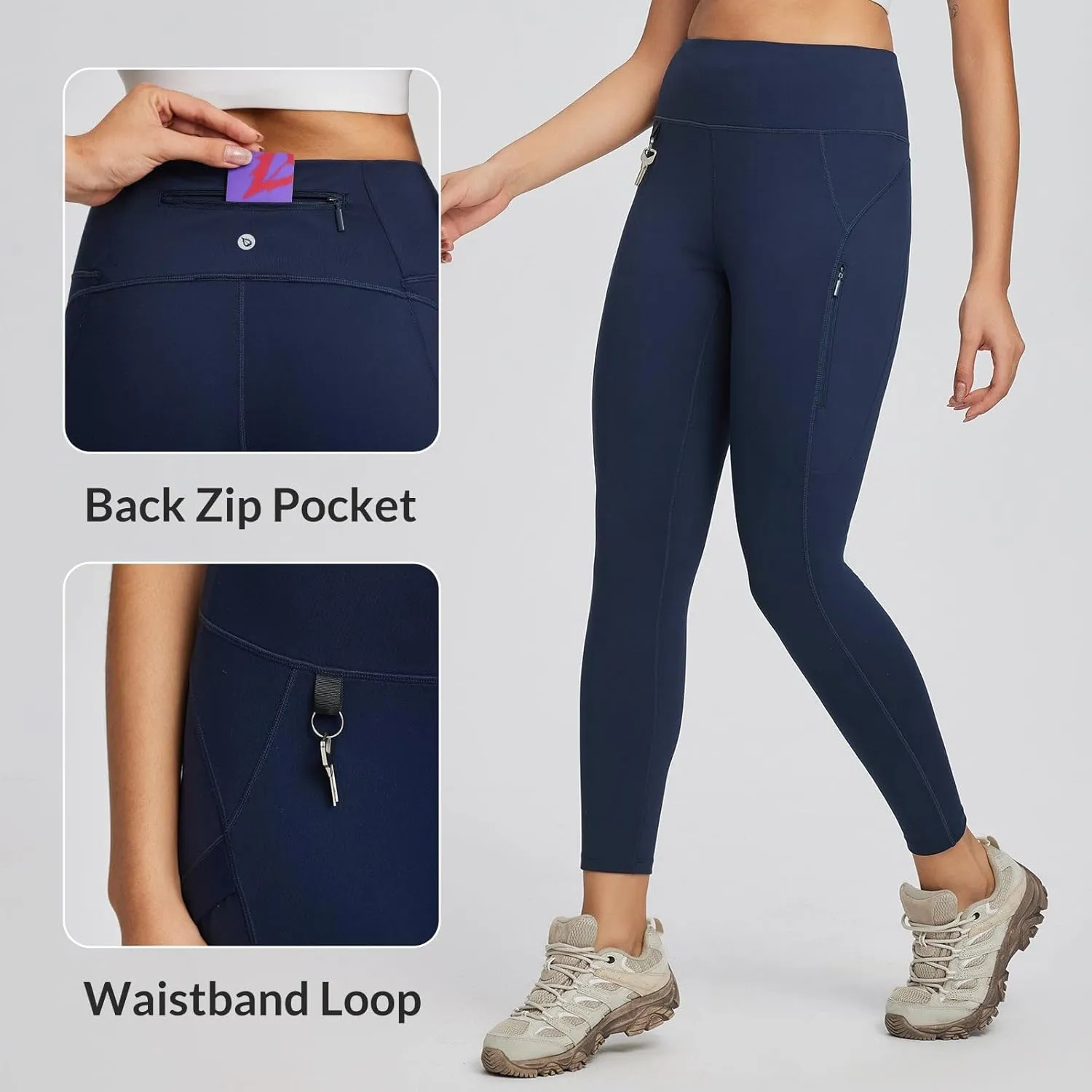 baleaf Women's High Waist Leggings with Pocket Hiking Pants Tummy Control 3 Pocket for Athletic Outdoor Running
