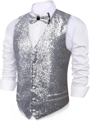 Barry.Wang Mens Sequins Vest Formal/Leisure V-neck Shiny Waistcoat Bowtie Set Prom Party Tuxedo