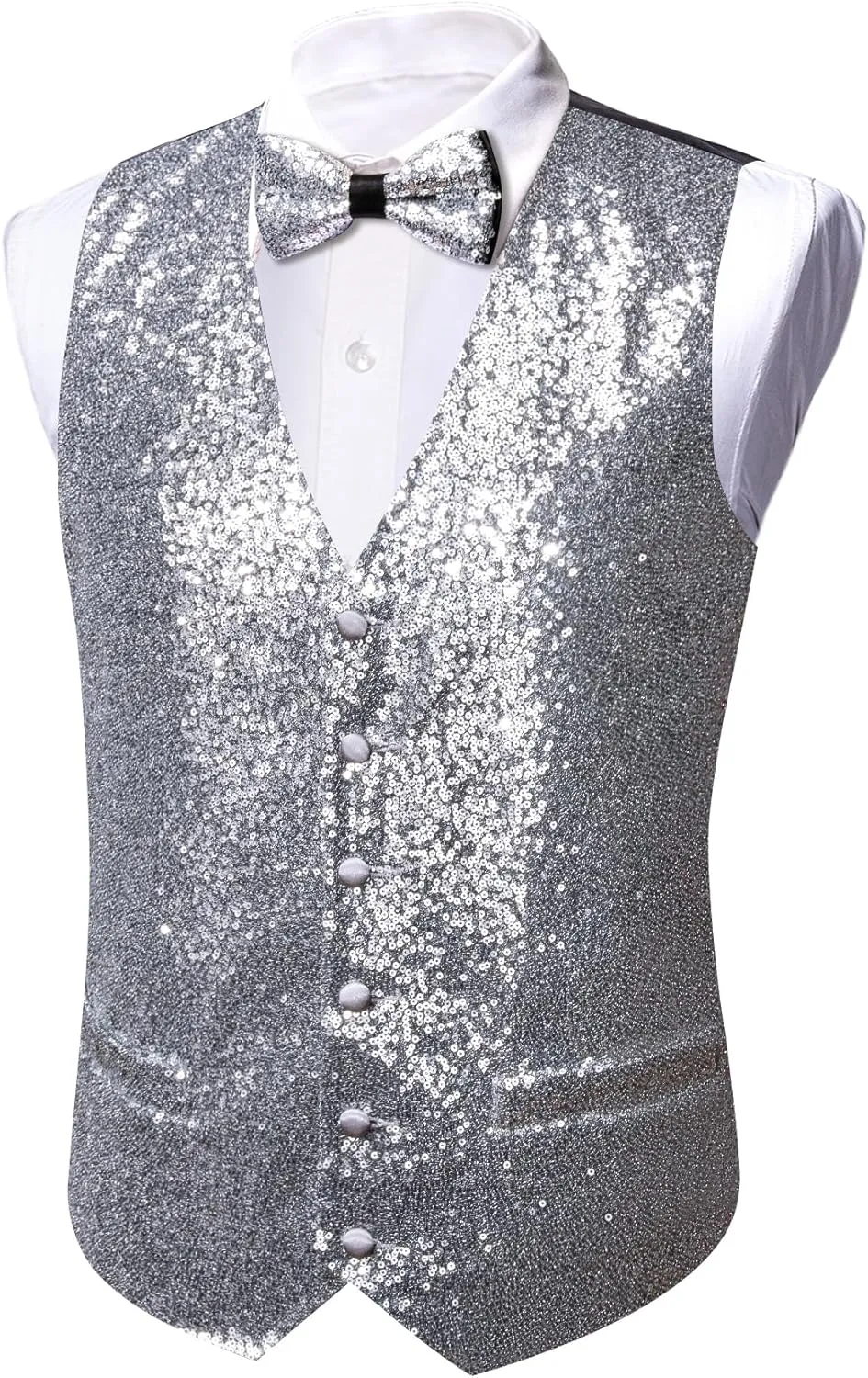 Barry.Wang Mens Sequins Vest Formal/Leisure V-neck Shiny Waistcoat Bowtie Set Prom Party Tuxedo