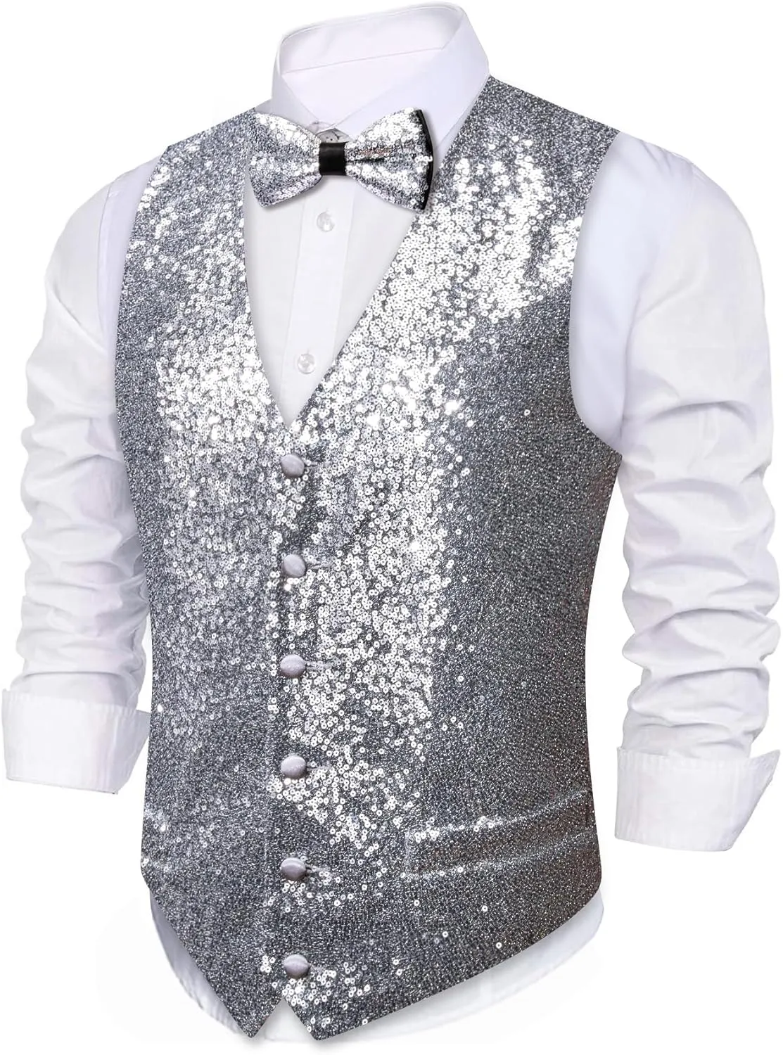 Barry.Wang Mens Sequins Vest Formal/Leisure V-neck Shiny Waistcoat Bowtie Set Prom Party Tuxedo