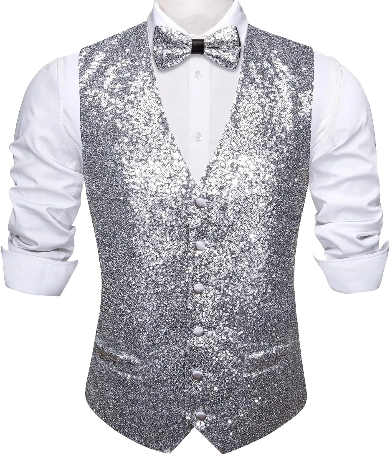 Barry.Wang Mens Sequins Vest Formal/Leisure V-neck Shiny Waistcoat Bowtie Set Prom Party Tuxedo