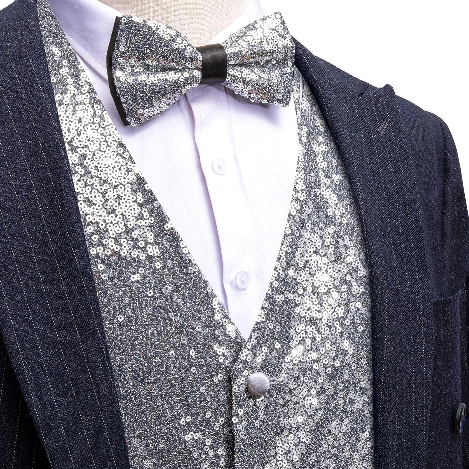 Barry.Wang Mens Sequins Vest Formal/Leisure V-neck Shiny Waistcoat Bowtie Set Prom Party Tuxedo