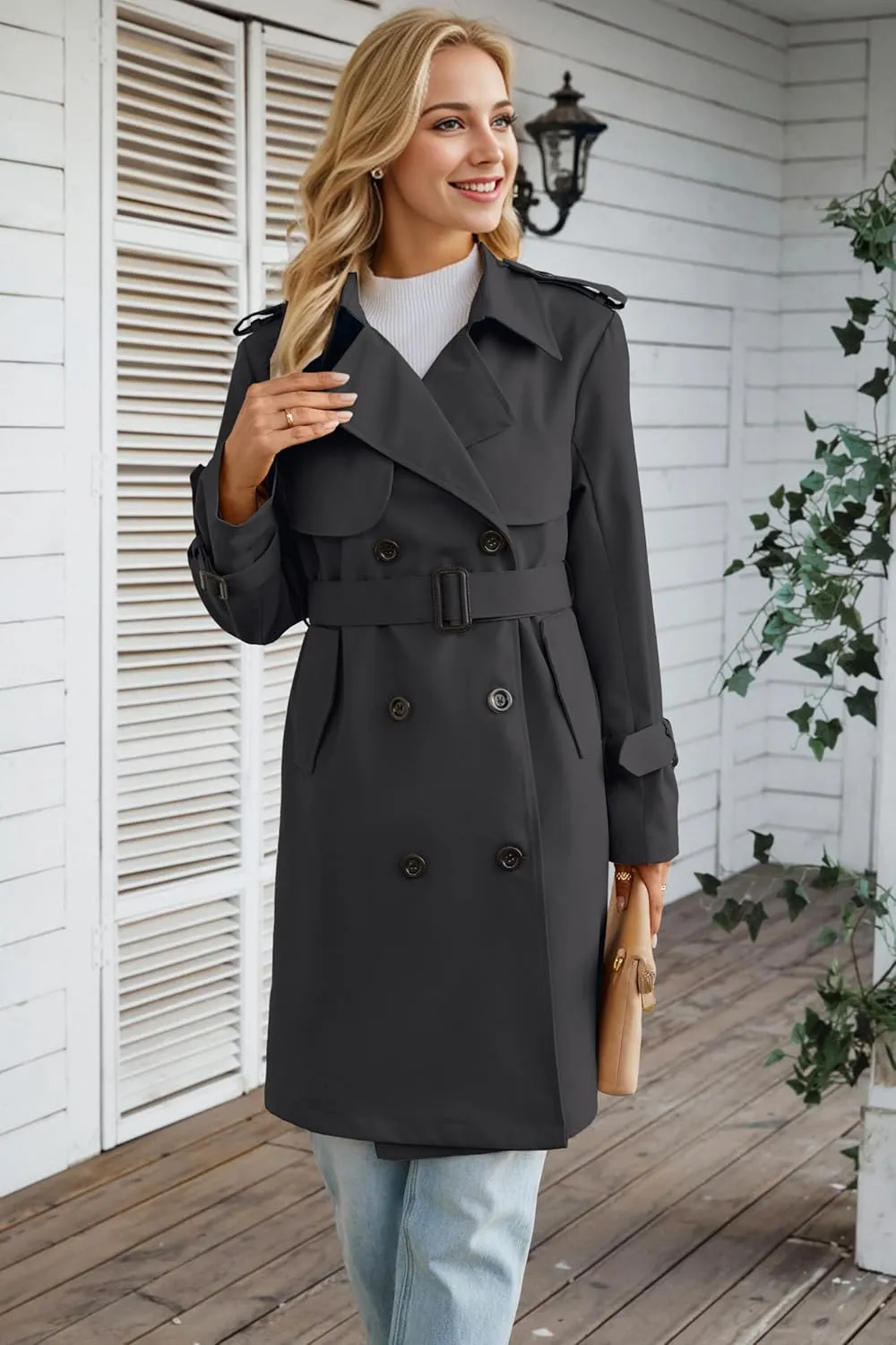 Betusline Women's Long Double-Breasted Waterproof Trench Coat with Belt