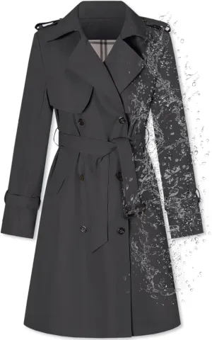 Betusline Women's Long Double-Breasted Waterproof Trench Coat with Belt