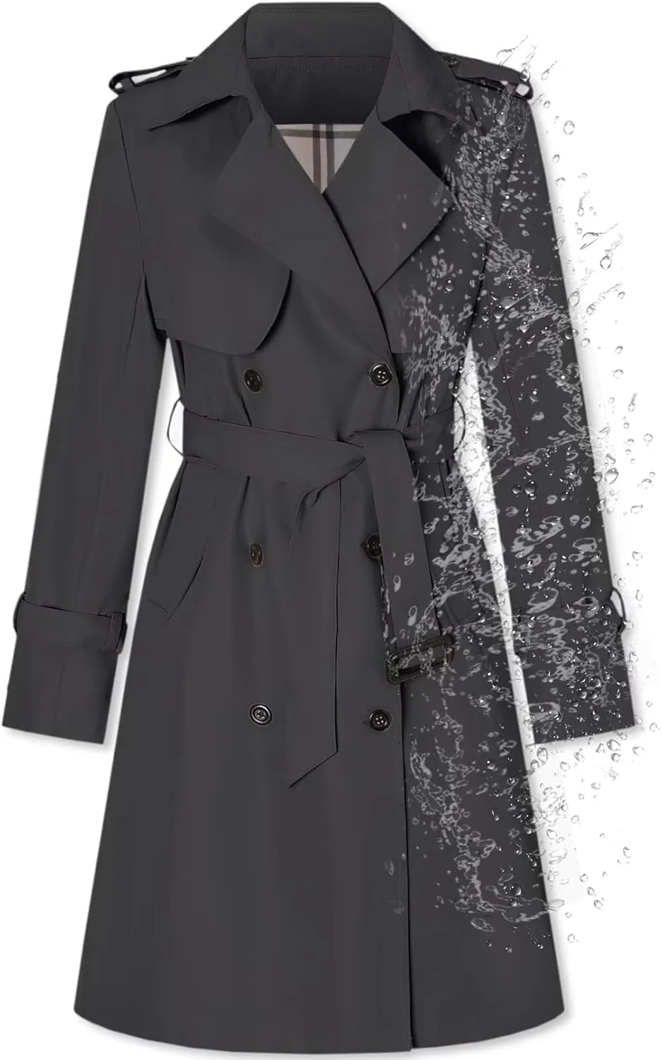 Betusline Women's Long Double-Breasted Waterproof Trench Coat with Belt