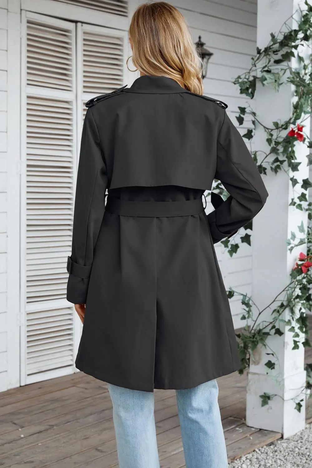 Betusline Women's Long Double-Breasted Waterproof Trench Coat with Belt