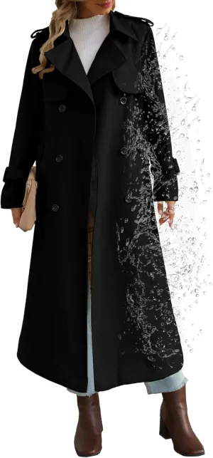 Betusline Women's Waterproof Long Trench Coat Double Breasted Lapel Duster Jacket Overcoat with Belt,S-2XL