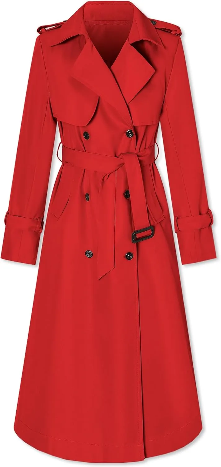 Betusline Women's Waterproof Long Trench Coat Double Breasted Lapel Duster Jacket Overcoat with Belt,S-2XL