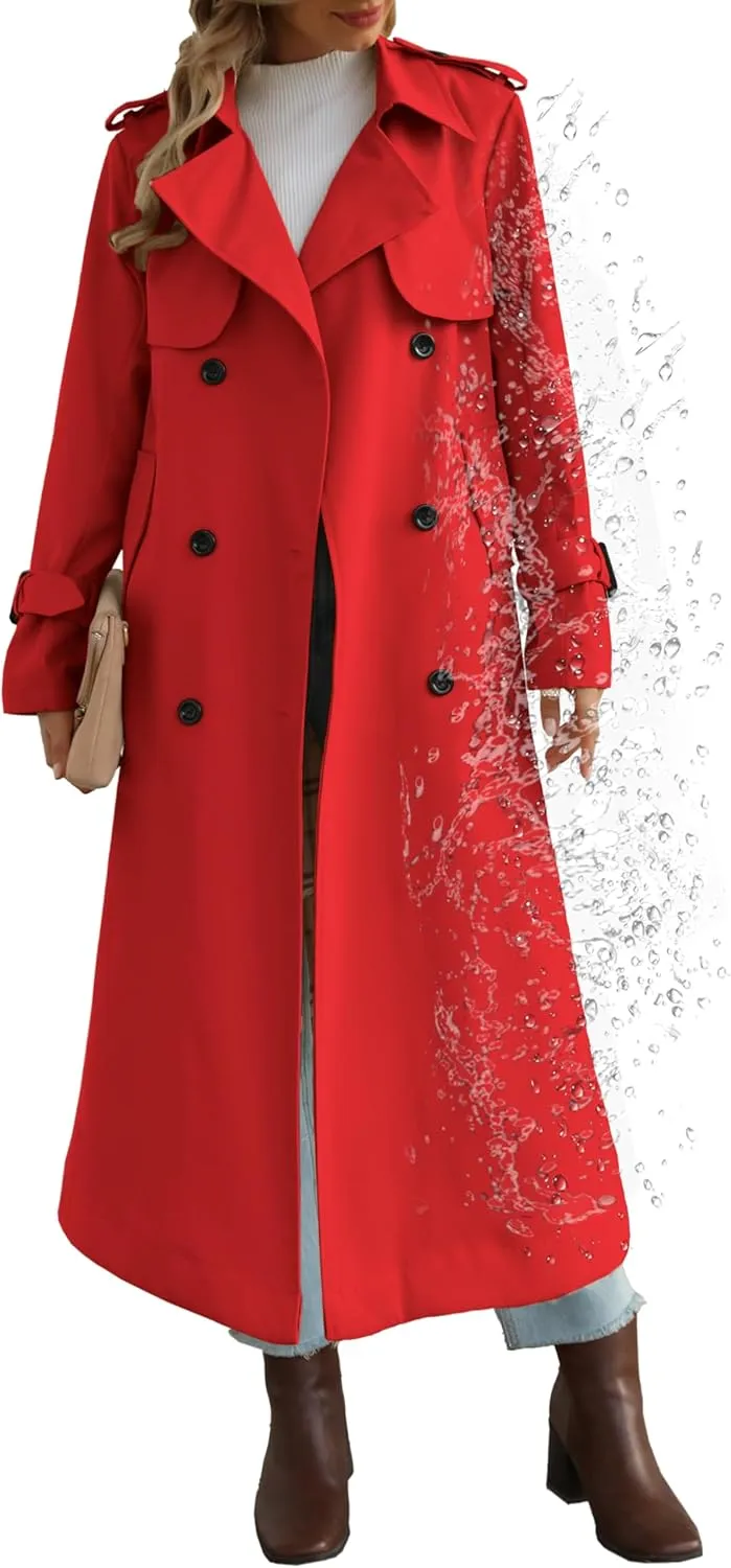 Betusline Women's Waterproof Long Trench Coat Double Breasted Lapel Duster Jacket Overcoat with Belt,S-2XL