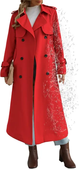 Betusline Women's Waterproof Long Trench Coat Double Breasted Lapel Duster Jacket Overcoat with Belt,S-2XL