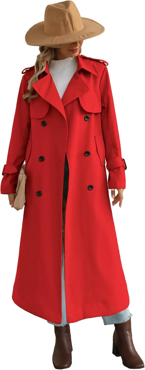 Betusline Women's Waterproof Long Trench Coat Double Breasted Lapel Duster Jacket Overcoat with Belt,S-2XL