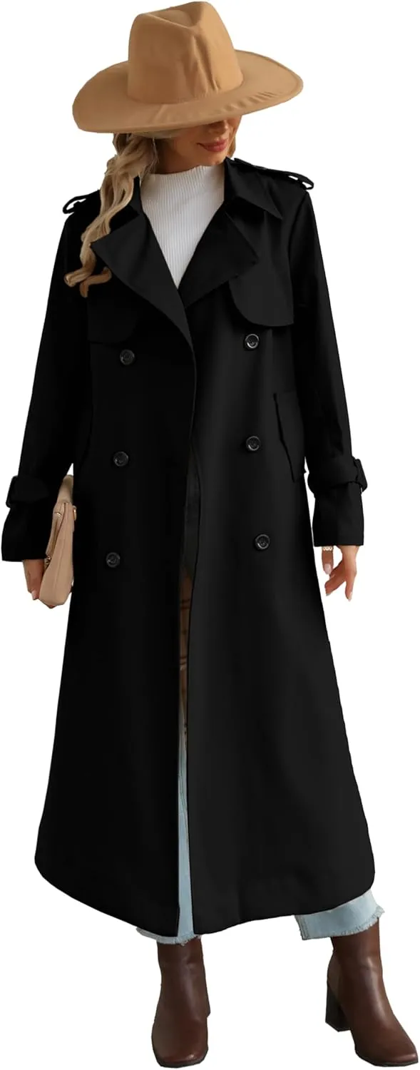 Betusline Women's Waterproof Long Trench Coat Double Breasted Lapel Duster Jacket Overcoat with Belt,S-2XL