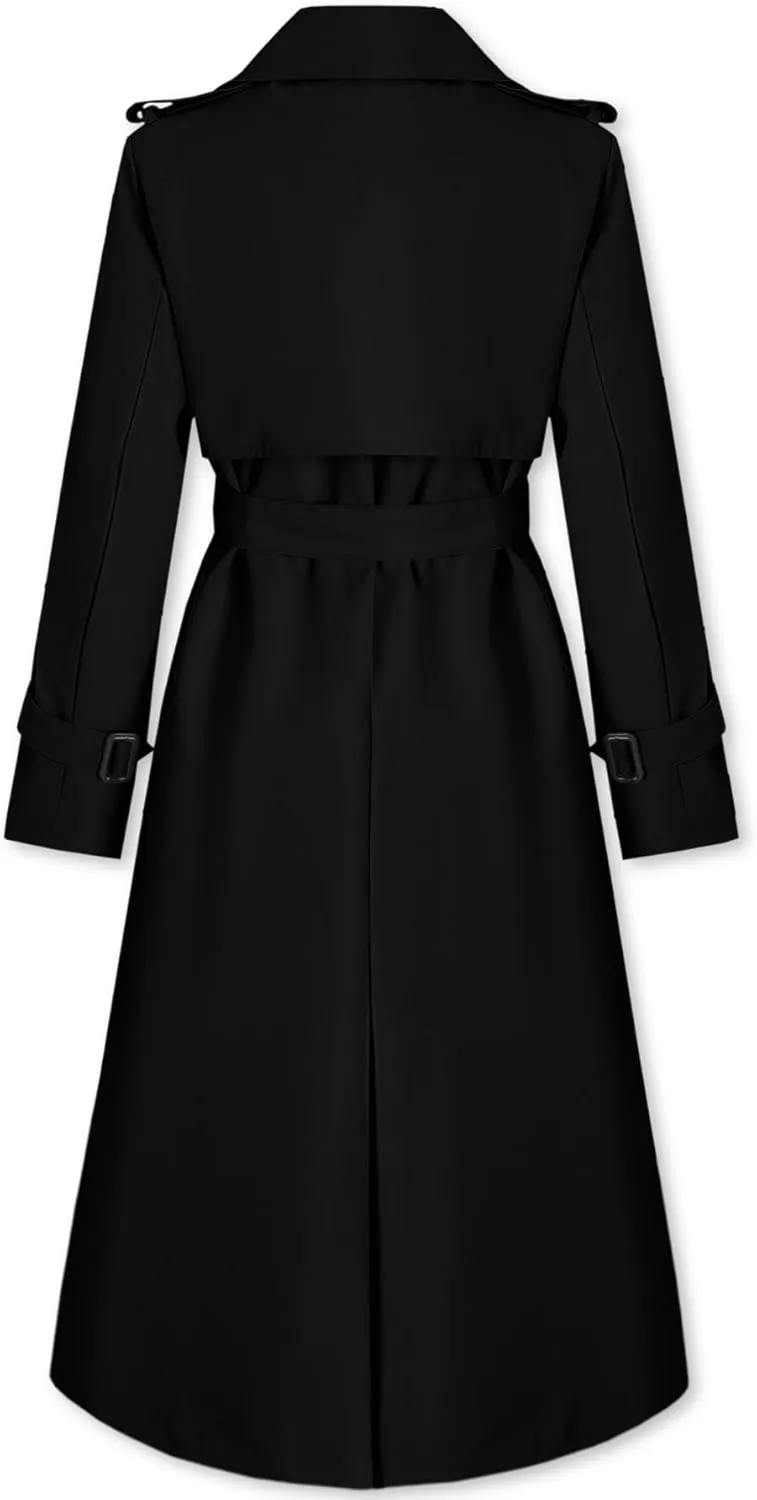 Betusline Women's Waterproof Long Trench Coat Double Breasted Lapel Duster Jacket Overcoat with Belt,S-2XL