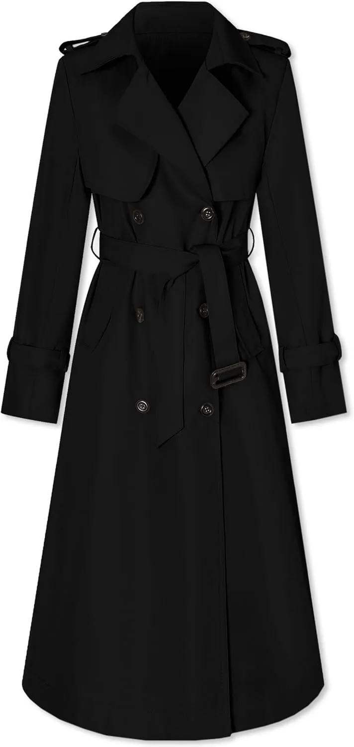 Betusline Women's Waterproof Long Trench Coat Double Breasted Lapel Duster Jacket Overcoat with Belt,S-2XL
