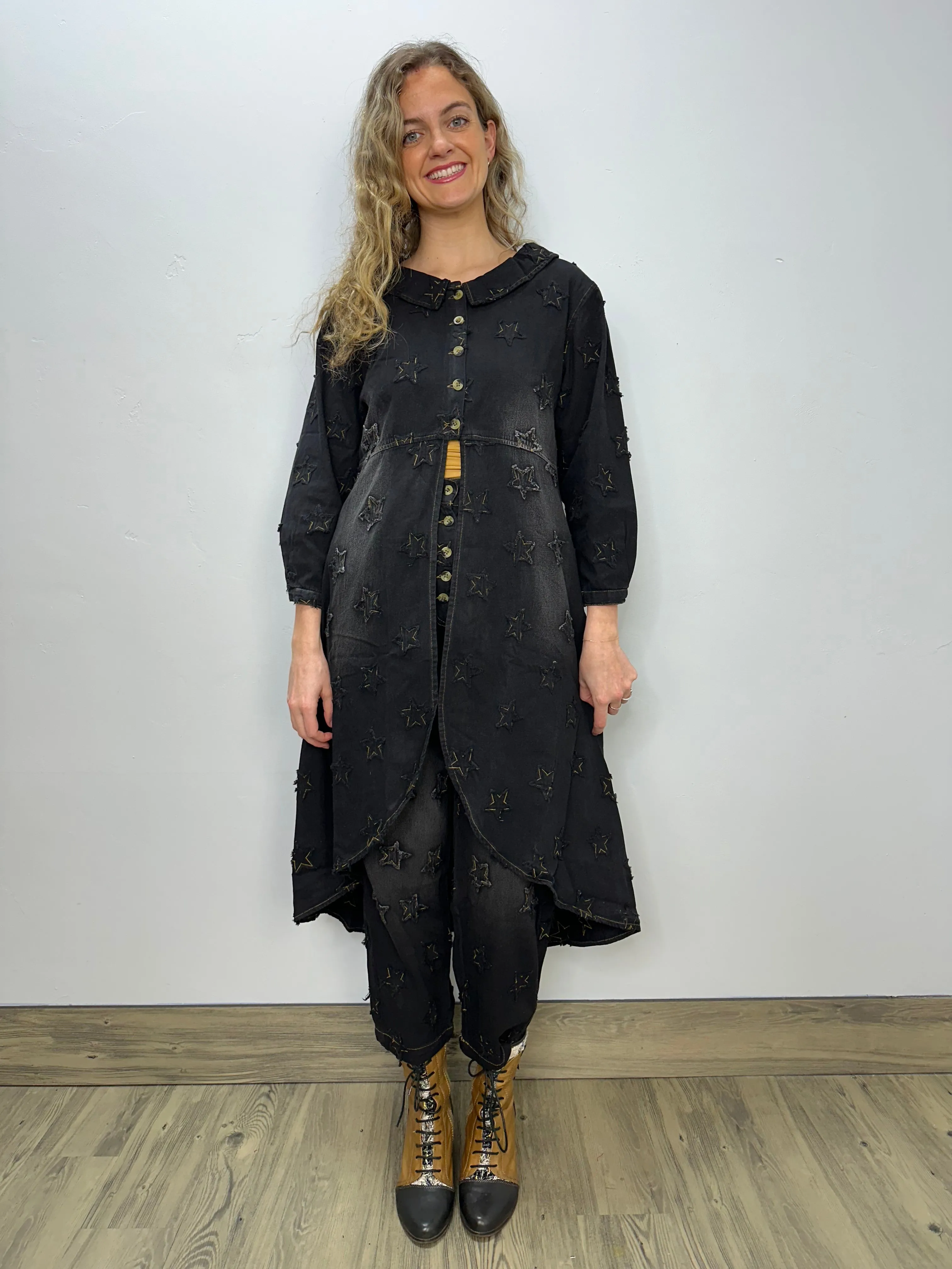 Black High Low Denim Star Print Jacket