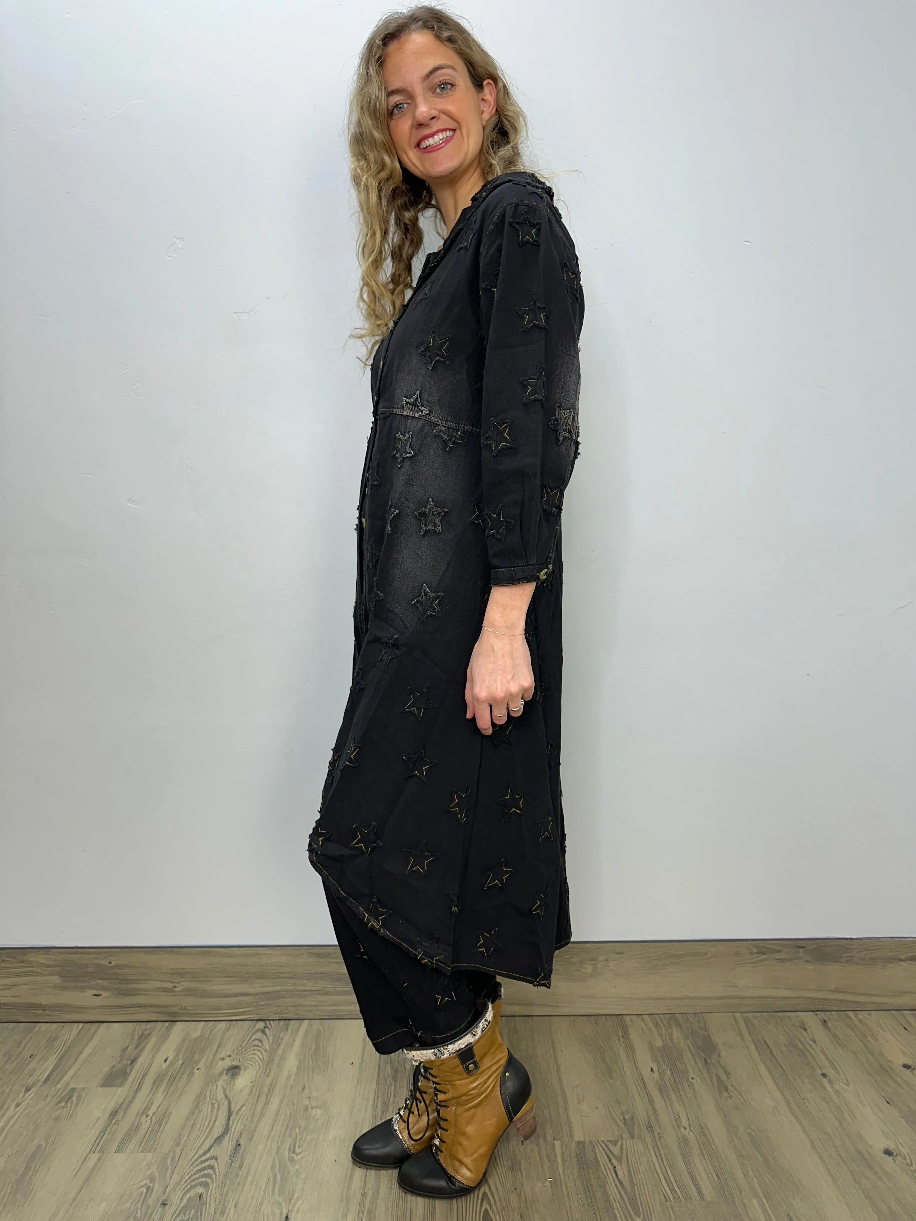 Black High Low Denim Star Print Jacket