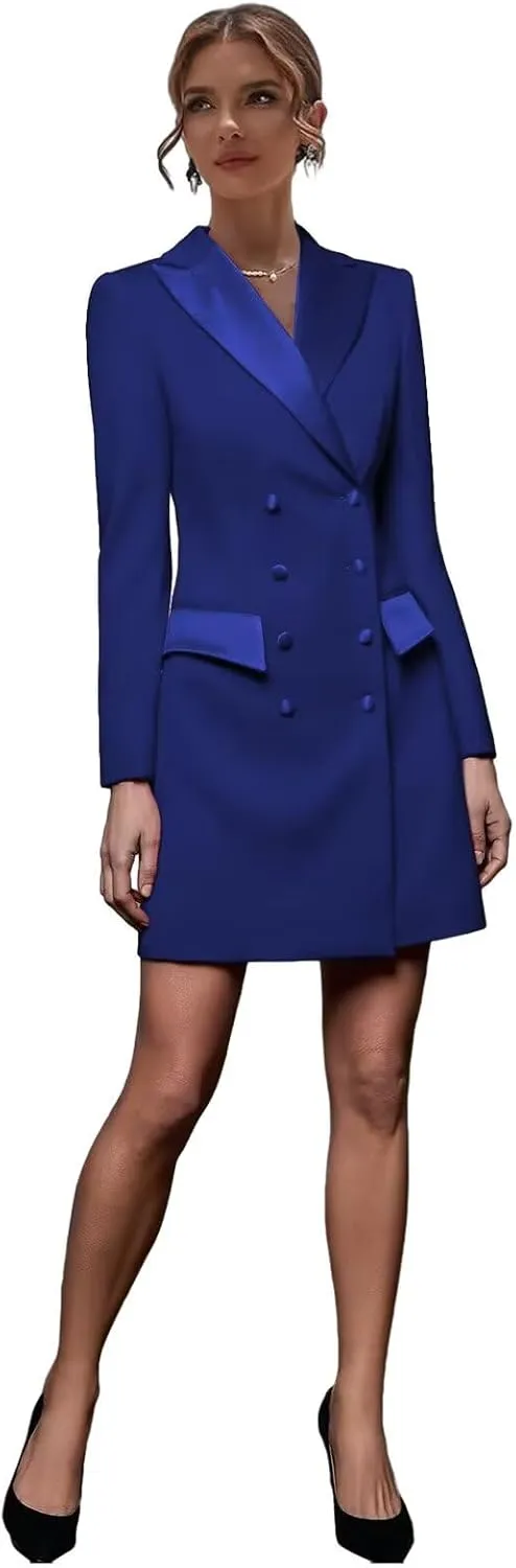 Blazer Dress for Women Double Breasted Peak Lapel Bodycon Women's Casual Long Sleeve Solid Suit Skirt for Business