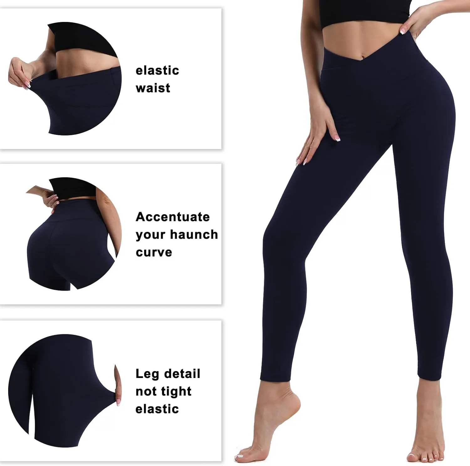 BOPOVA Women's High Waisted Capri Leggings Navy V Crossover Waist Tummy Control Workout Yoga Pants for Women