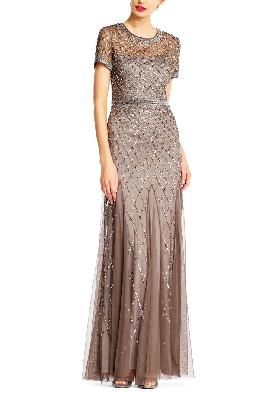 Bronze Embellished Short Sleeves Mermaid Gown