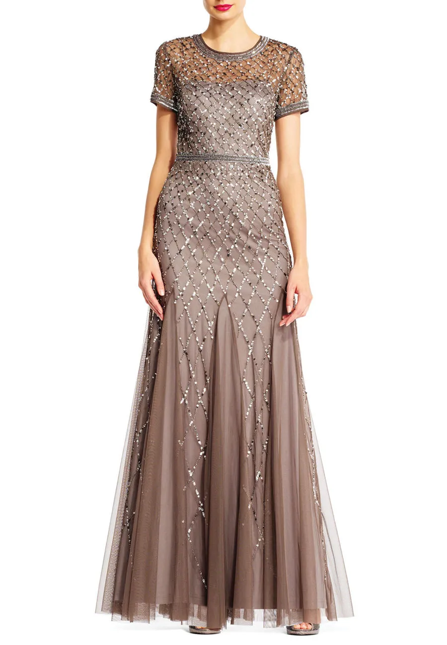 Bronze Embellished Short Sleeves Mermaid Gown