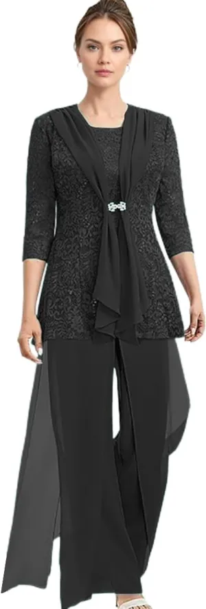 Chiffon Mother of The Bride Pantsuit for Women Dressy 3/4 Sleeve Mother of The Groom Jumpsuit 3 Pcs with Jacket