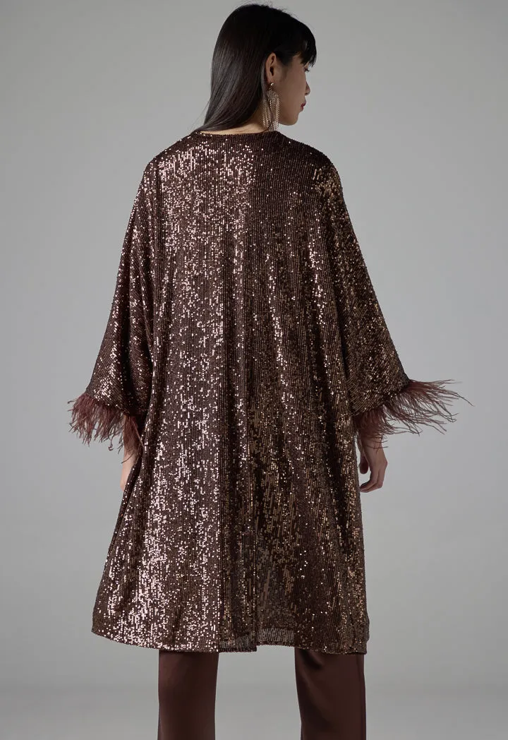 Choice Long Sleeve Sequin Kimono Brown